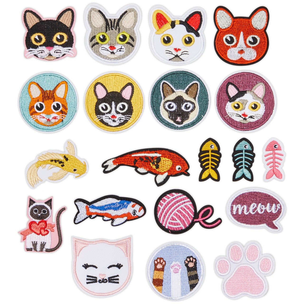 Cat and Fish Iron On Patches (20 Piece Set) Cute Embroidered Applique Sew On Clothing, Backpacks, Hats, Jackets